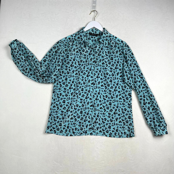 Vintage‎ Loubella Cheetah Animal Print Baby Blue Button Down Blouse XL - Picture 1 of 12